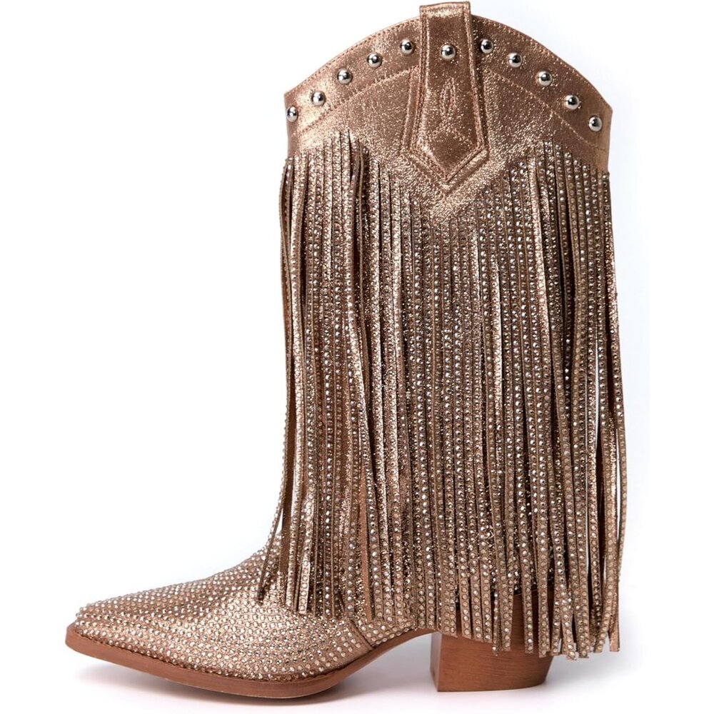 ⚡Women's Gold Pointed toe Thick Heel Ankle Boots Ladies Crystal Embroider